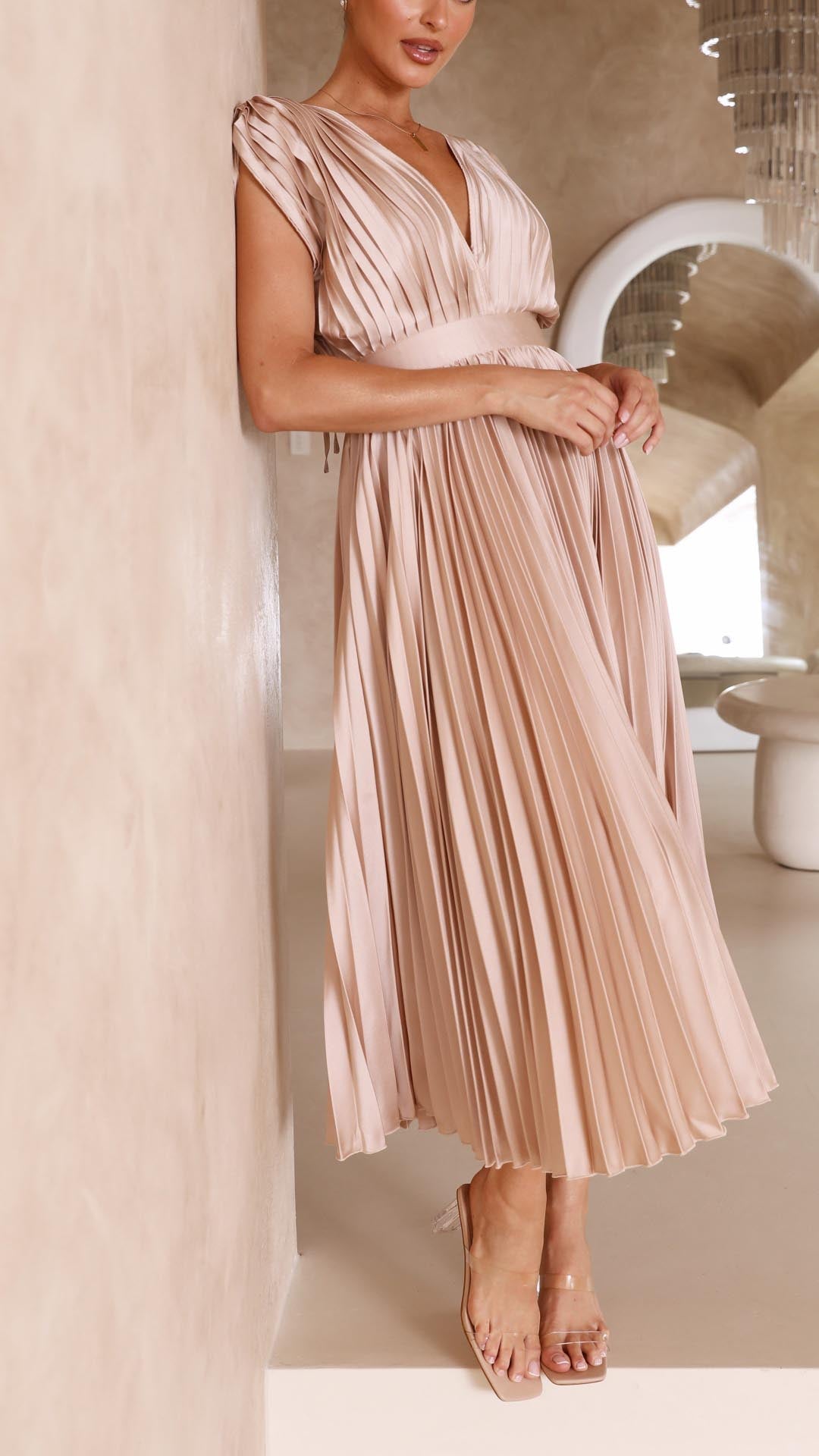 Lucinda Pleated V Neck Midi Wedding Guest Dress