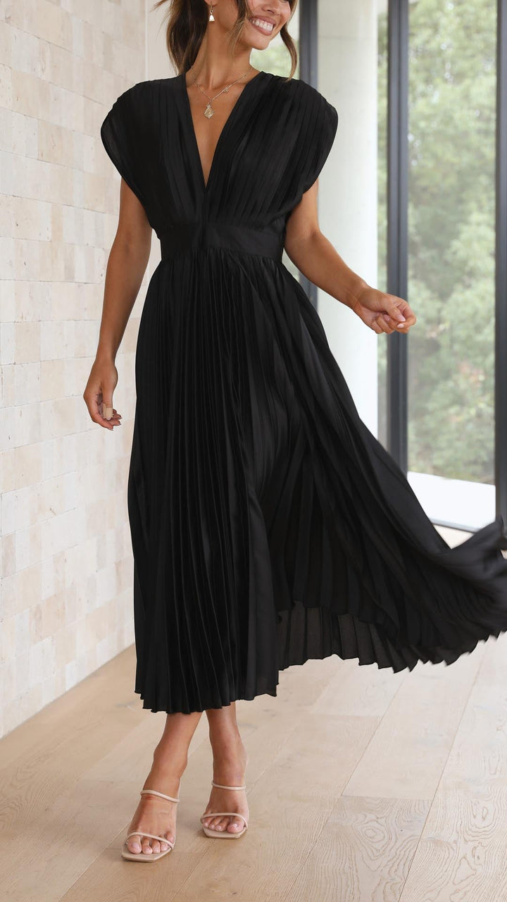 Lucinda Pleated V Neck Midi Wedding Guest Dress